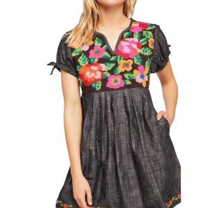 Free People Oaxaca Embroidered Chambray Mini Dress, Pockets, Gray, L